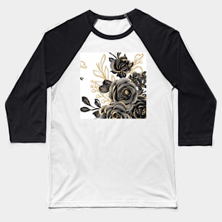 Floral Rose Art Golden Black Baseball T-Shirt